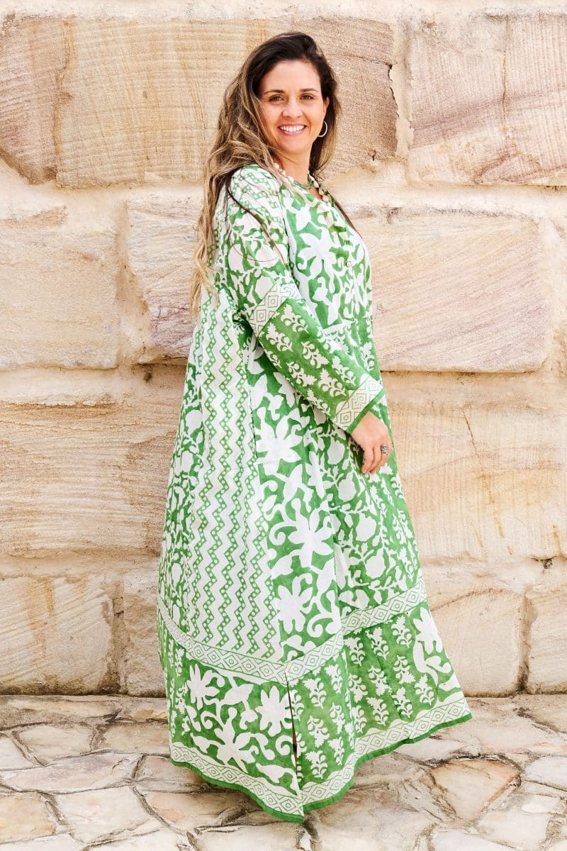 Womens, midi, maxi, Persia, Dress, long sleeves, 100% Cotton, hand block print. Summer Green - Fern