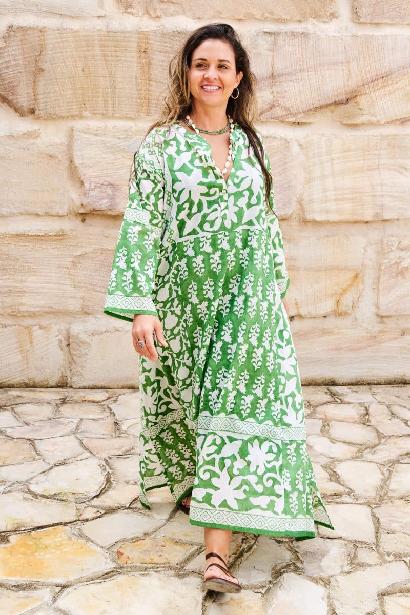Womens, midi, maxi, Persia, Dress, long sleeves, 100% Cotton, hand block print. Summer Green - Fern