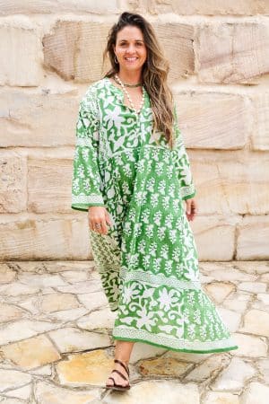 Womens, midi, maxi, Persia, Dress, long sleeves, 100% Cotton, hand block print. Summer Green - Fern