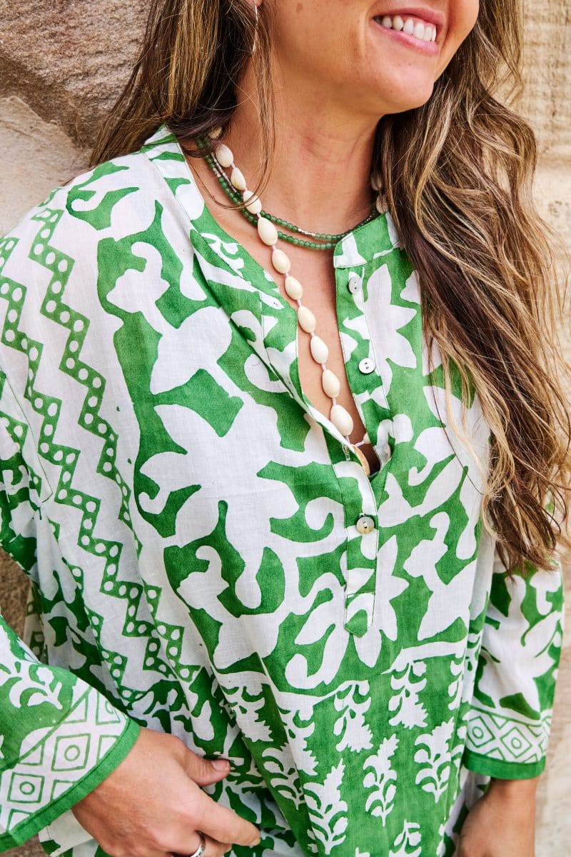 Womens, midi, maxi, Persia, Dress, long sleeves, 100% Cotton, hand block print. Summer Green - Fern