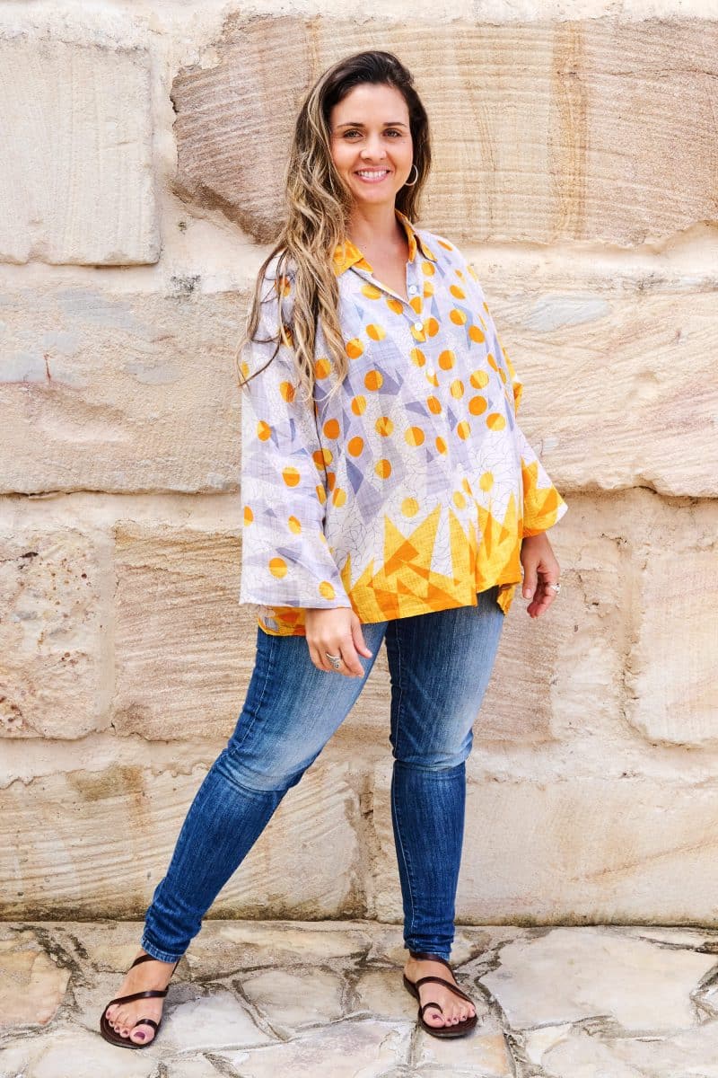 Womens, Vintage Sari Amira blouse, cotton, golden, abstract - Lotti