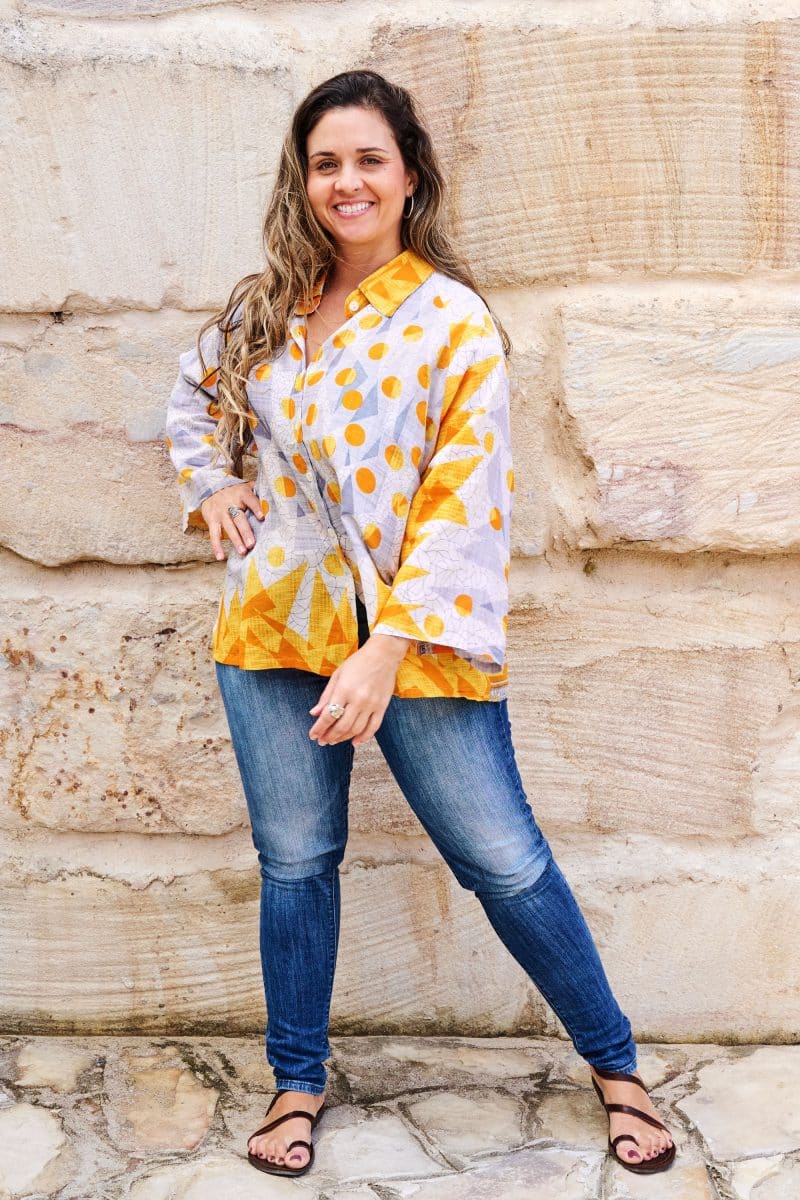 Womens, Vintage Sari Amira blouse, cotton, golden, abstract - Lotti