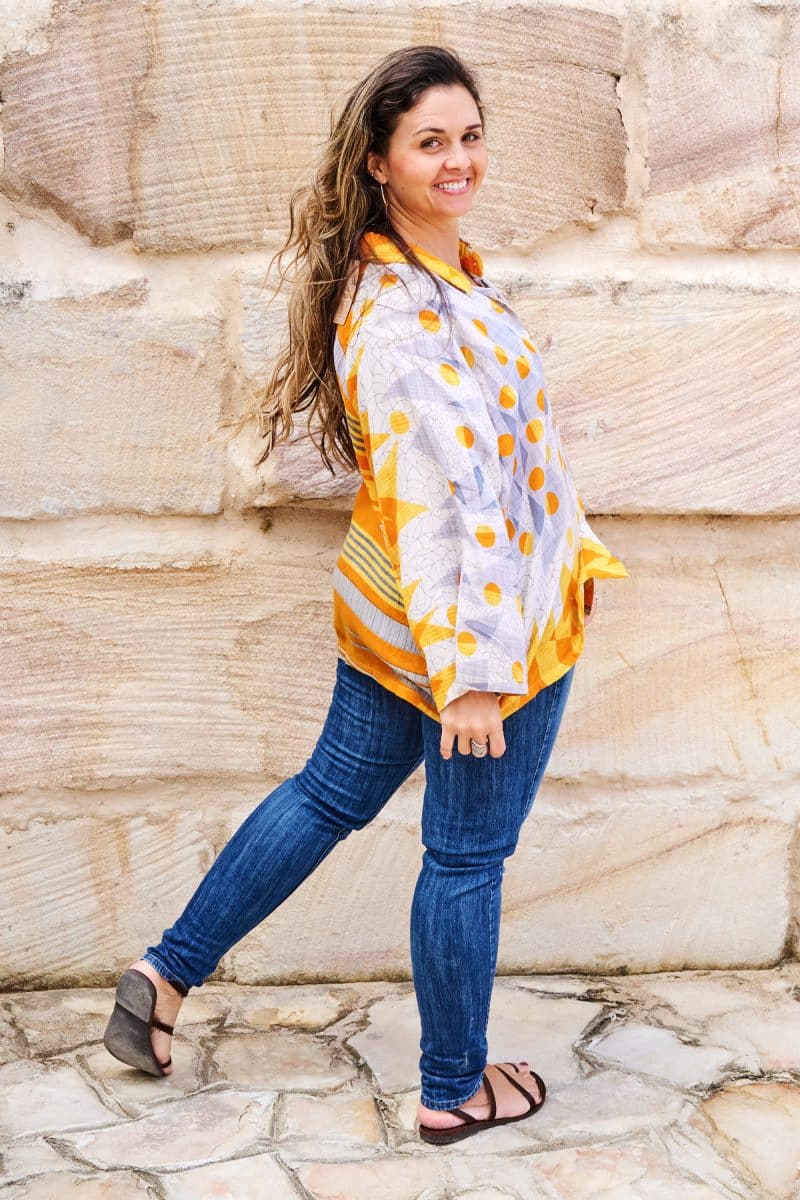 Womens, Vintage Sari Amira blouse, cotton, golden, abstract - Lotti