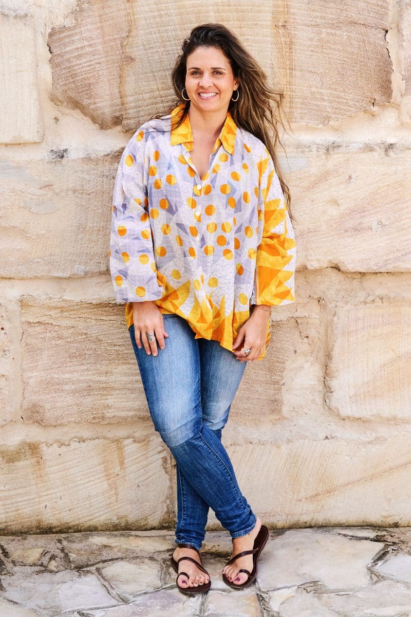 Womens, Vintage Sari Amira blouse, cotton, golden, abstract - Lotti