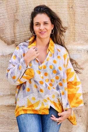 Womens, Vintage Sari Amira blouse, cotton, golden, abstract - Lotti