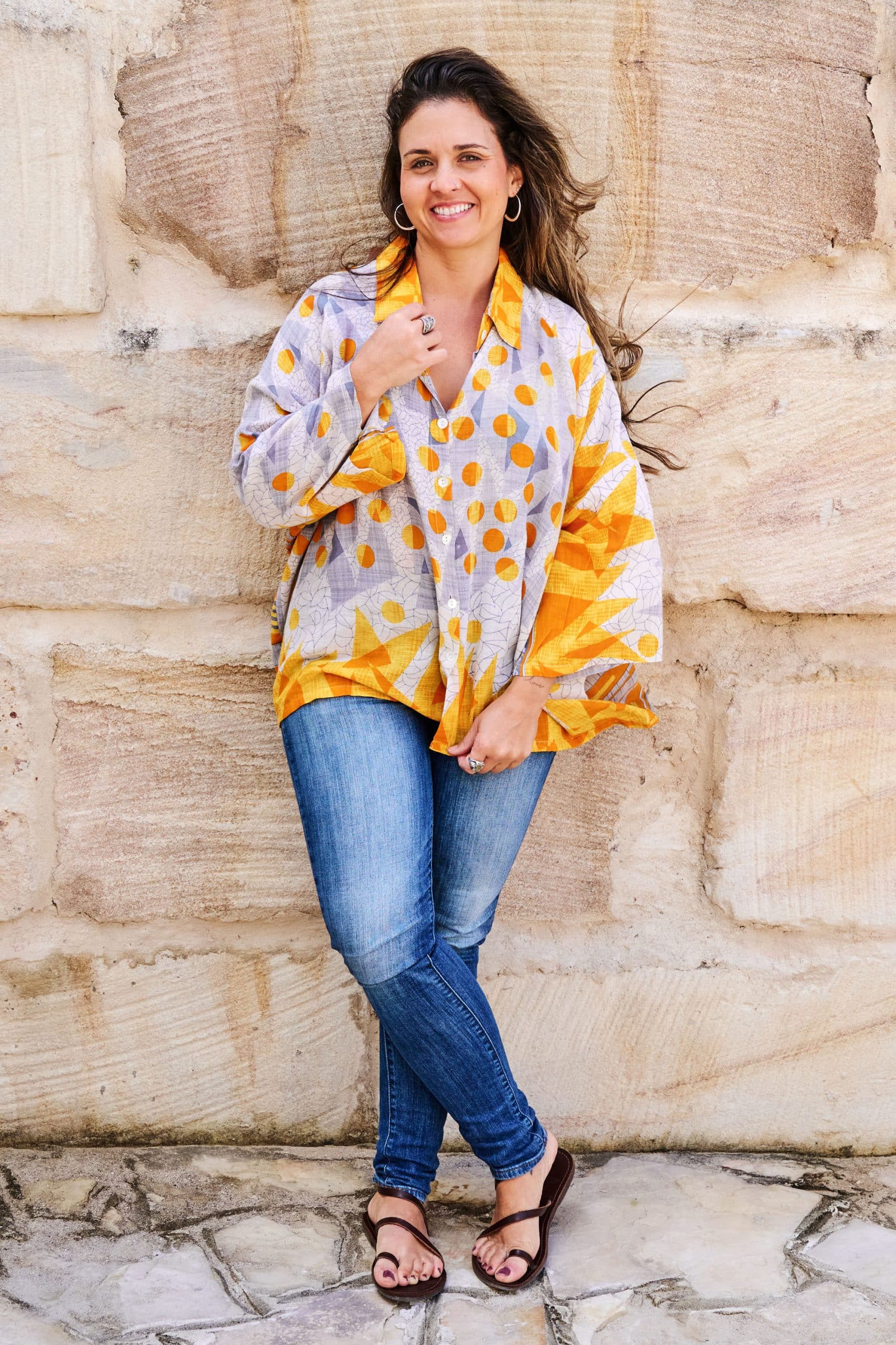Womens, Vintage Sari Amira blouse, cotton, golden, abstract - Lotti