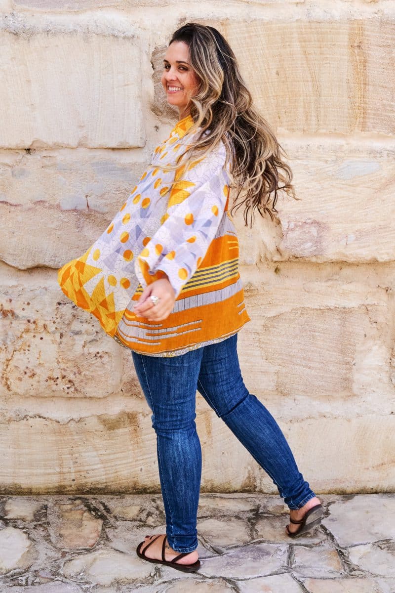 Womens, Vintage Sari Amira blouse, cotton, golden, abstract - Lotti