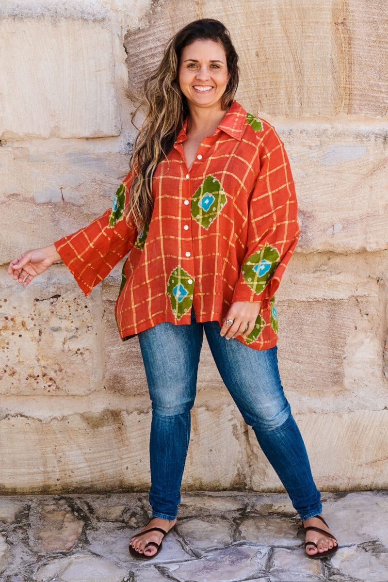 Womens, Vintage Sari Amira blouse, cotton, saffron & green - Grace