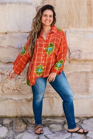 Womens, Vintage Sari Amira blouse, cotton, saffron & green - Grace