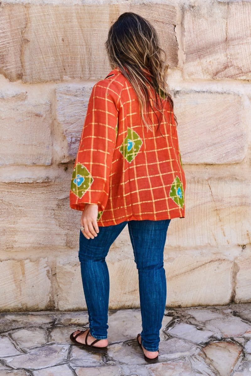 Womens, Vintage Sari Amira blouse, cotton, saffron & green - Grace