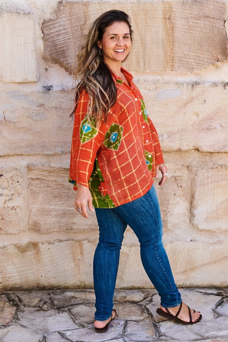 Womens, Vintage Sari Amira blouse, cotton, saffron & green - Grace