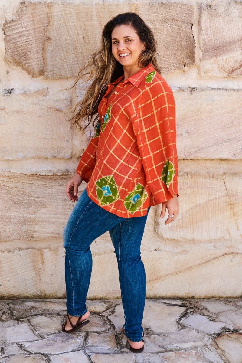 Womens, Vintage Sari Amira blouse, cotton, saffron & green - Grace