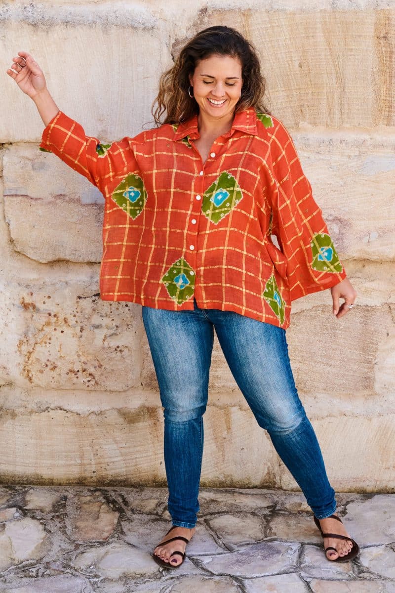 Womens, Vintage Sari Amira blouse, cotton, saffron & green - Grace