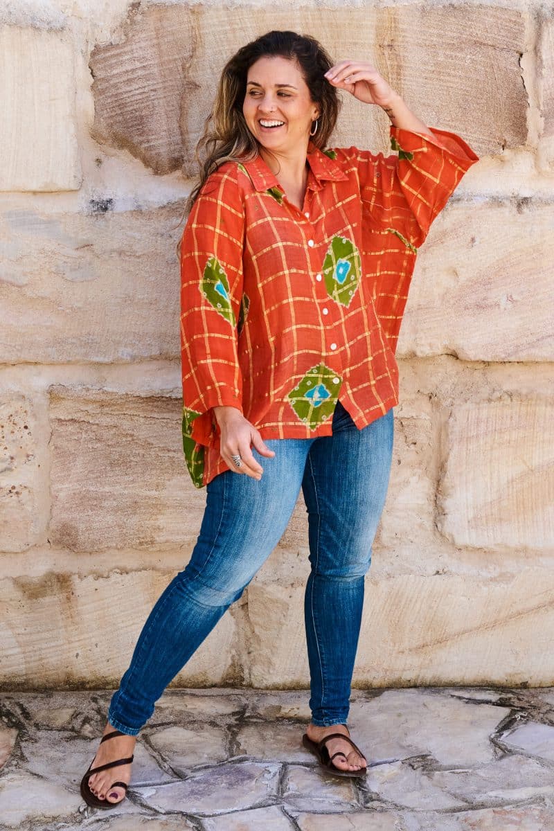 Womens, Vintage Sari Amira blouse, cotton, saffron & green - Grace