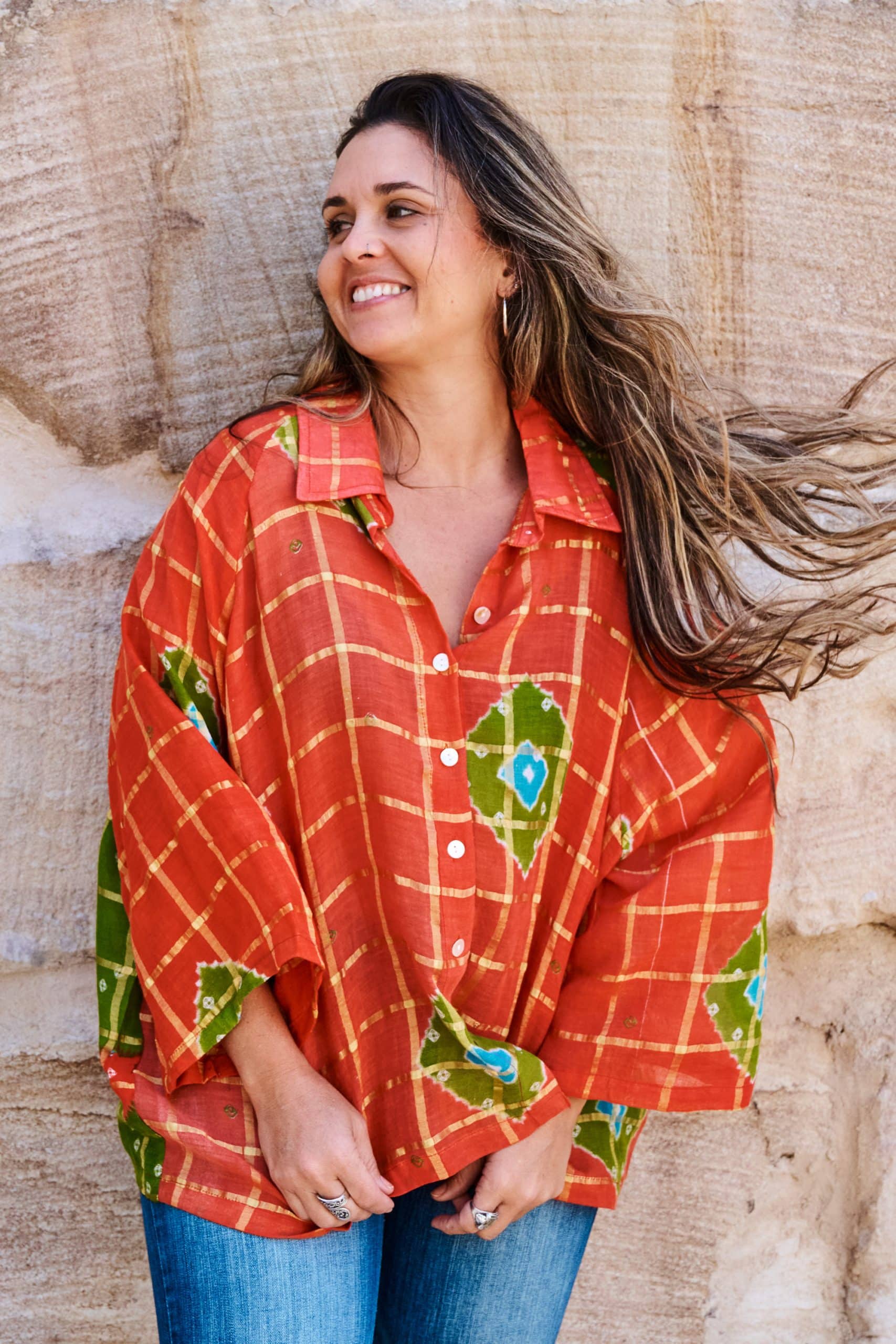 Womens, Vintage Sari Amira blouse, cotton, saffron & green - Grace