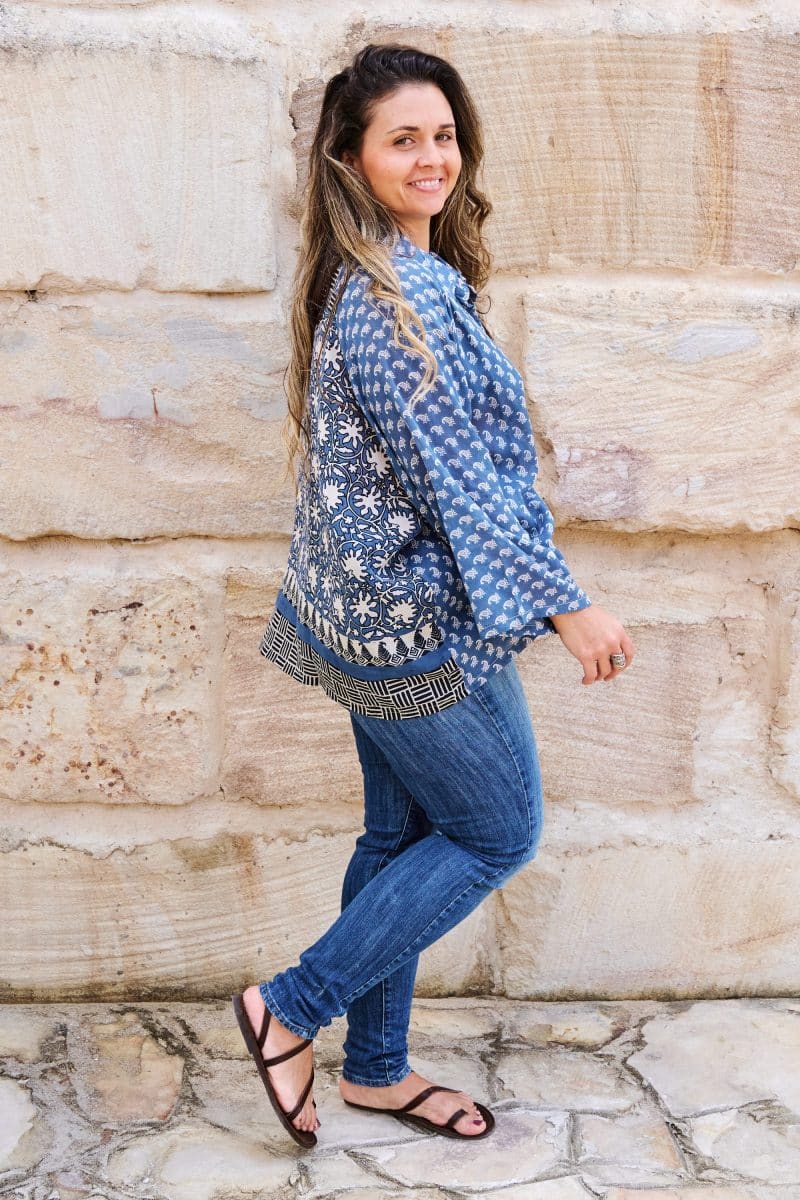 Womens, Vintage Sari Amira blouse, cotton, blue and white - Ayanara