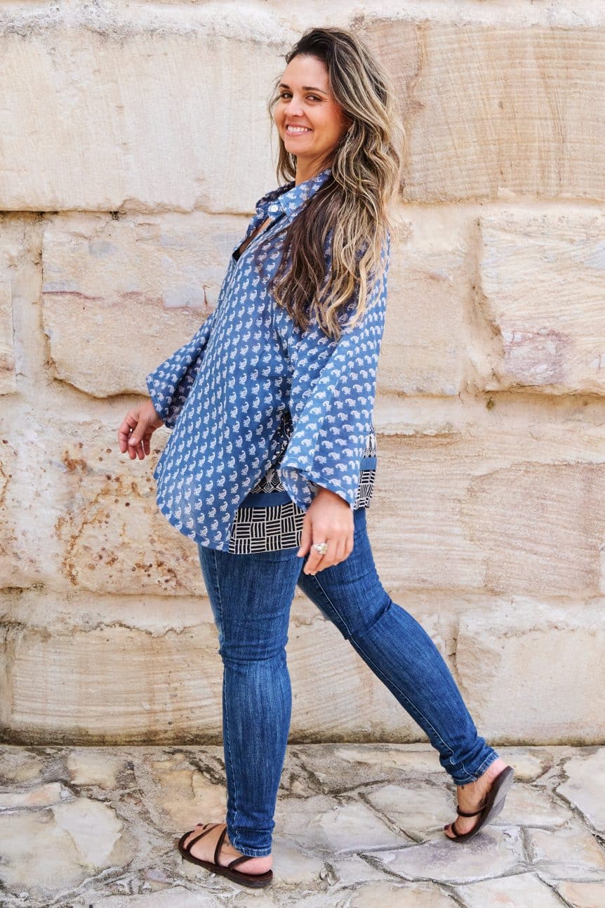 Womens, Vintage Sari Amira blouse, cotton, blue and white - Ayanara