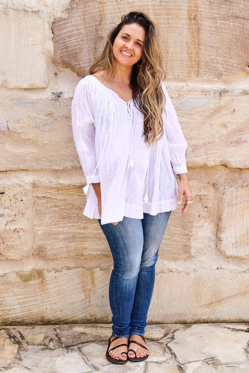 Womens, Dove blouse, 7/8 blouson sleeve, 100% cotton. Pure, Serene - White