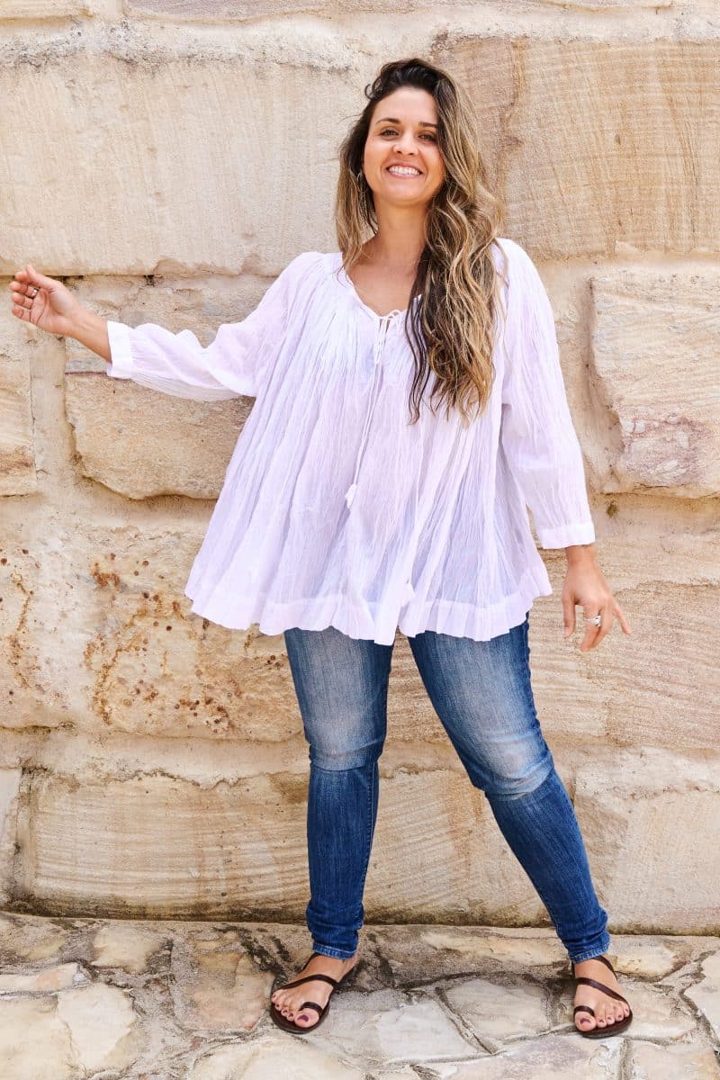 Womens, Dove blouse, 7/8 blouson sleeve, 100% cotton. Pure, Serene - White