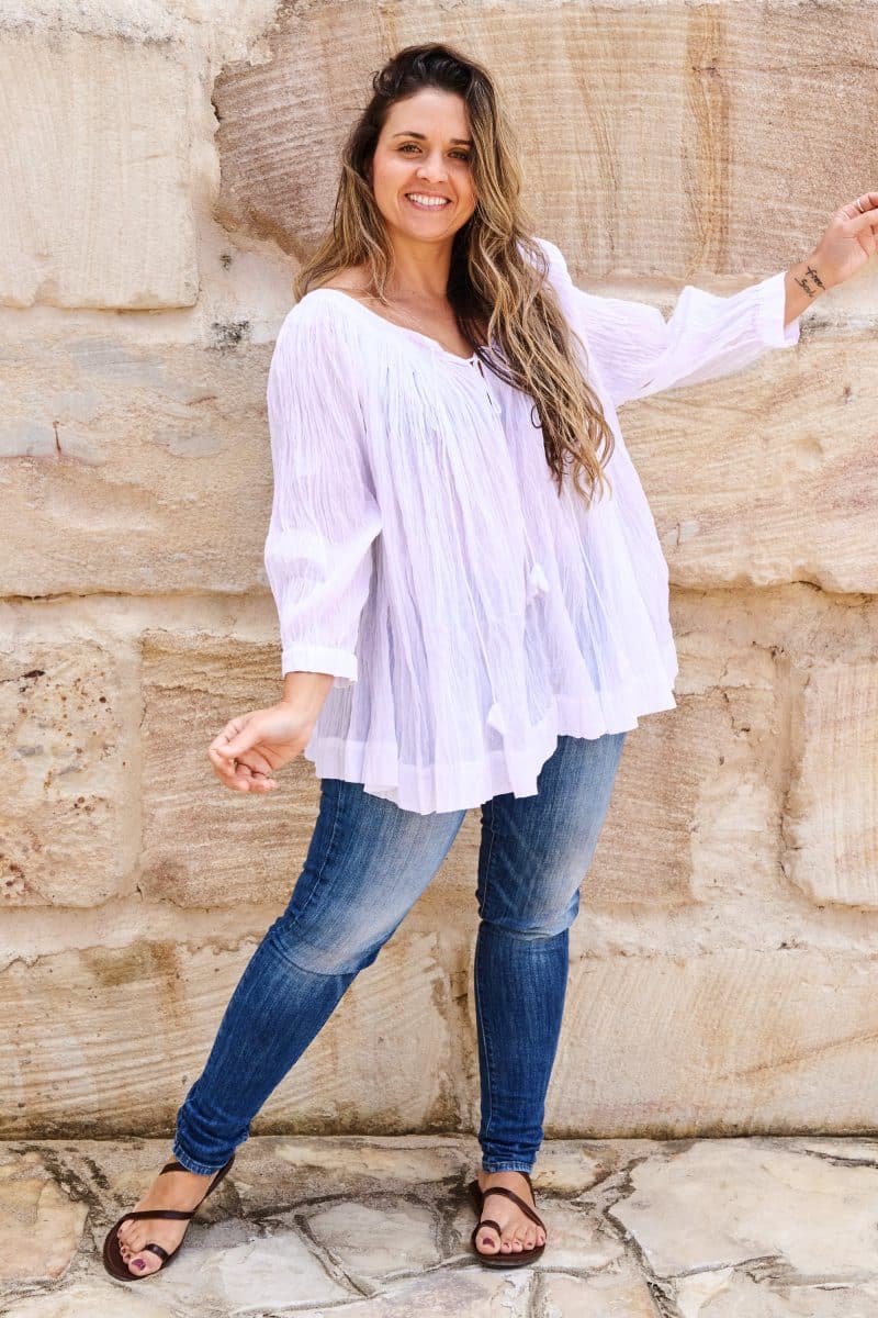 Womens, Dove blouse, 7/8 blouson sleeve, 100% cotton. Pure, Serene - White