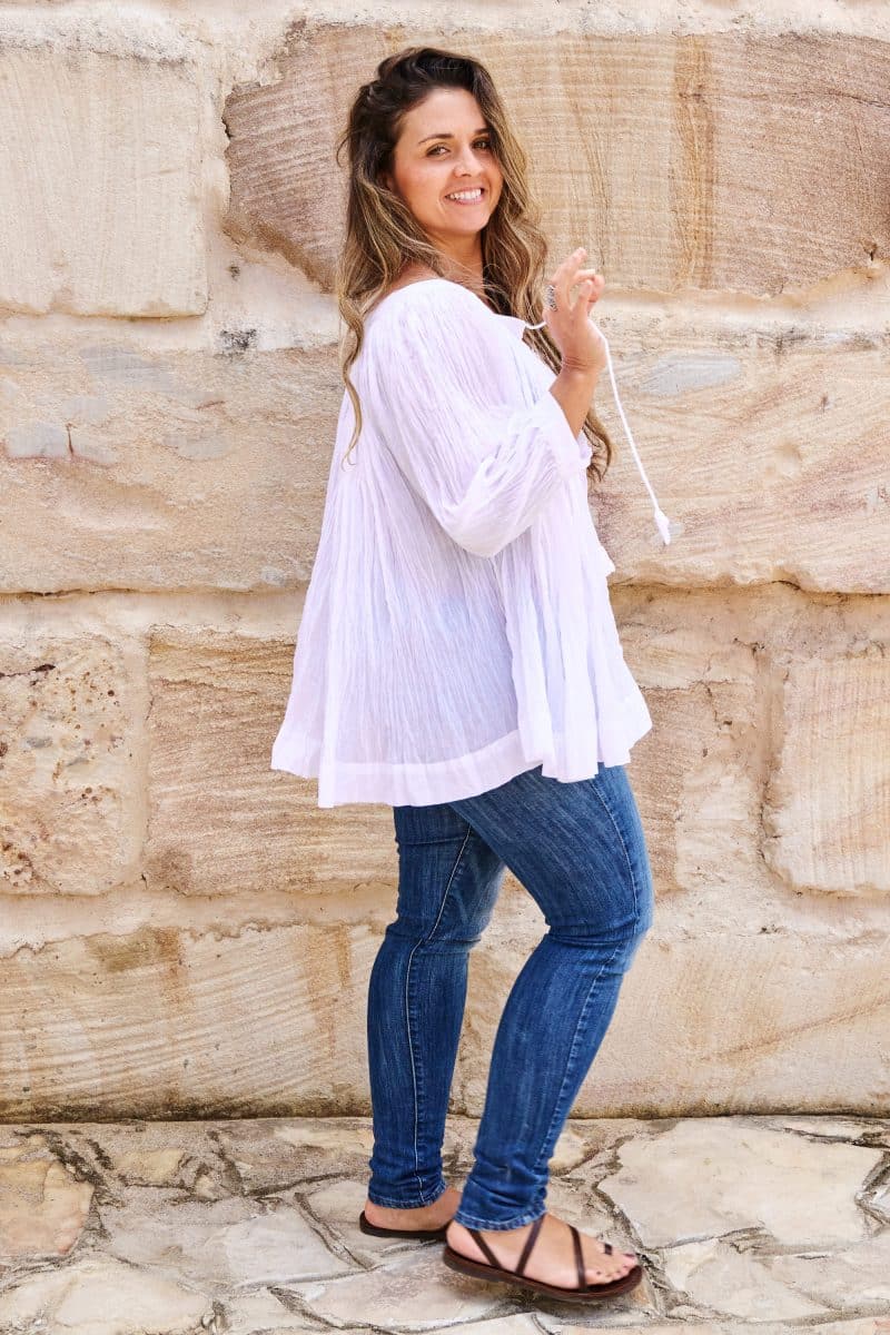 Womens, Dove blouse, 7/8 blouson sleeve, 100% cotton. Pure, Serene - White