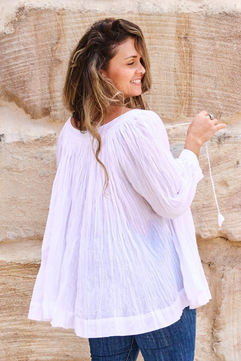 Womens, Dove blouse, 7/8 blouson sleeve, 100% cotton. Pure, Serene - White