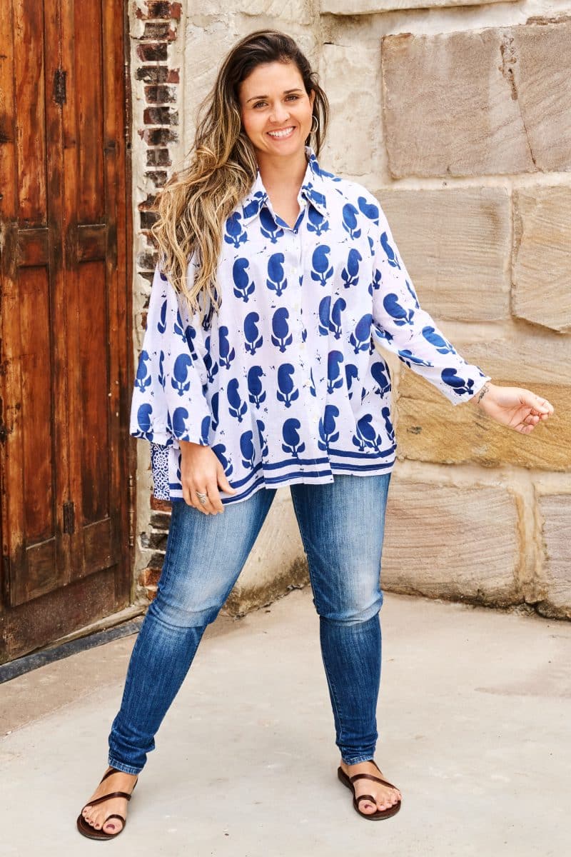 Womens, Vintage Sari Amira blouse, cotton, blue and white - Poppy