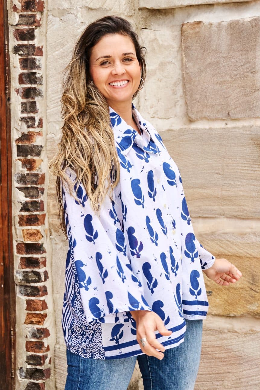 Womens, Vintage Sari Amira blouse, cotton, blue and white - Poppy