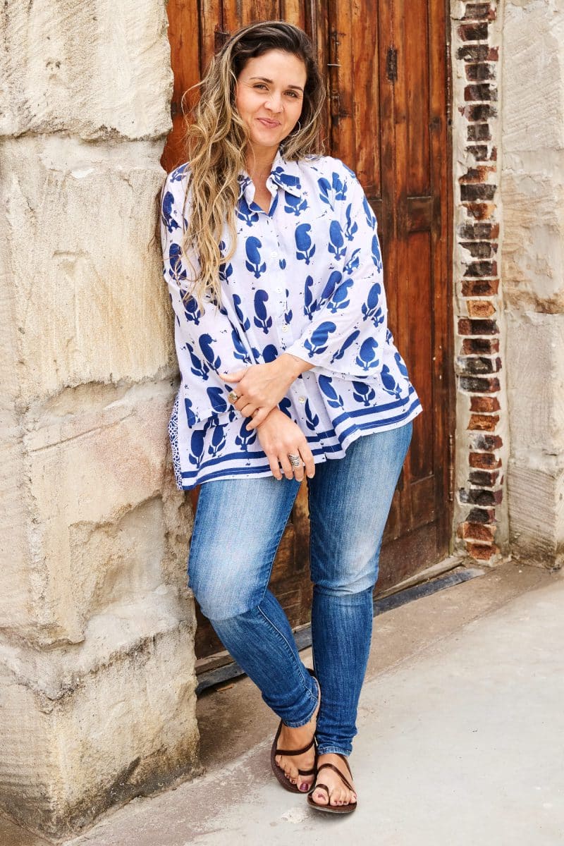 Womens, Vintage Sari Amira blouse, cotton, blue and white - Poppy