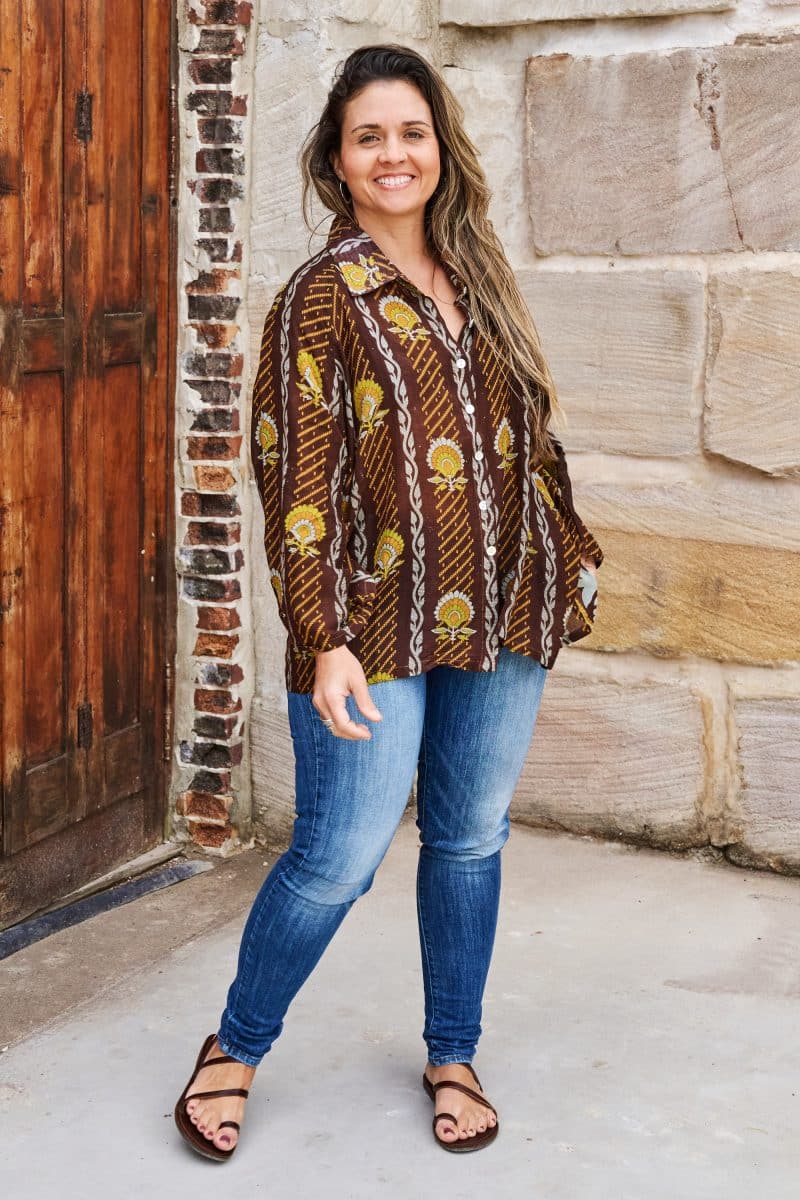 Womens, Vintage Sari Amira blouse, cotton, chocolate brown - Sandra