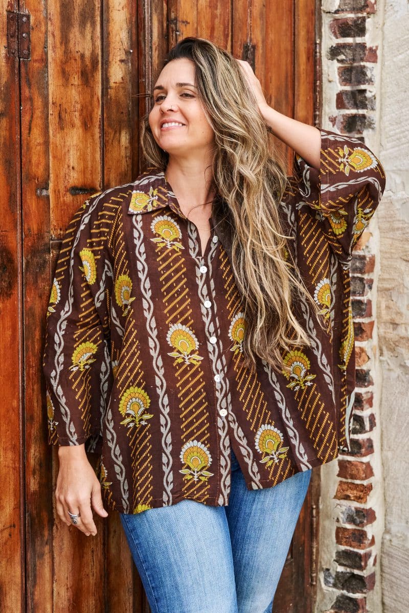 Womens, Vintage Sari Amira blouse, cotton, chocolate brown - Sandra
