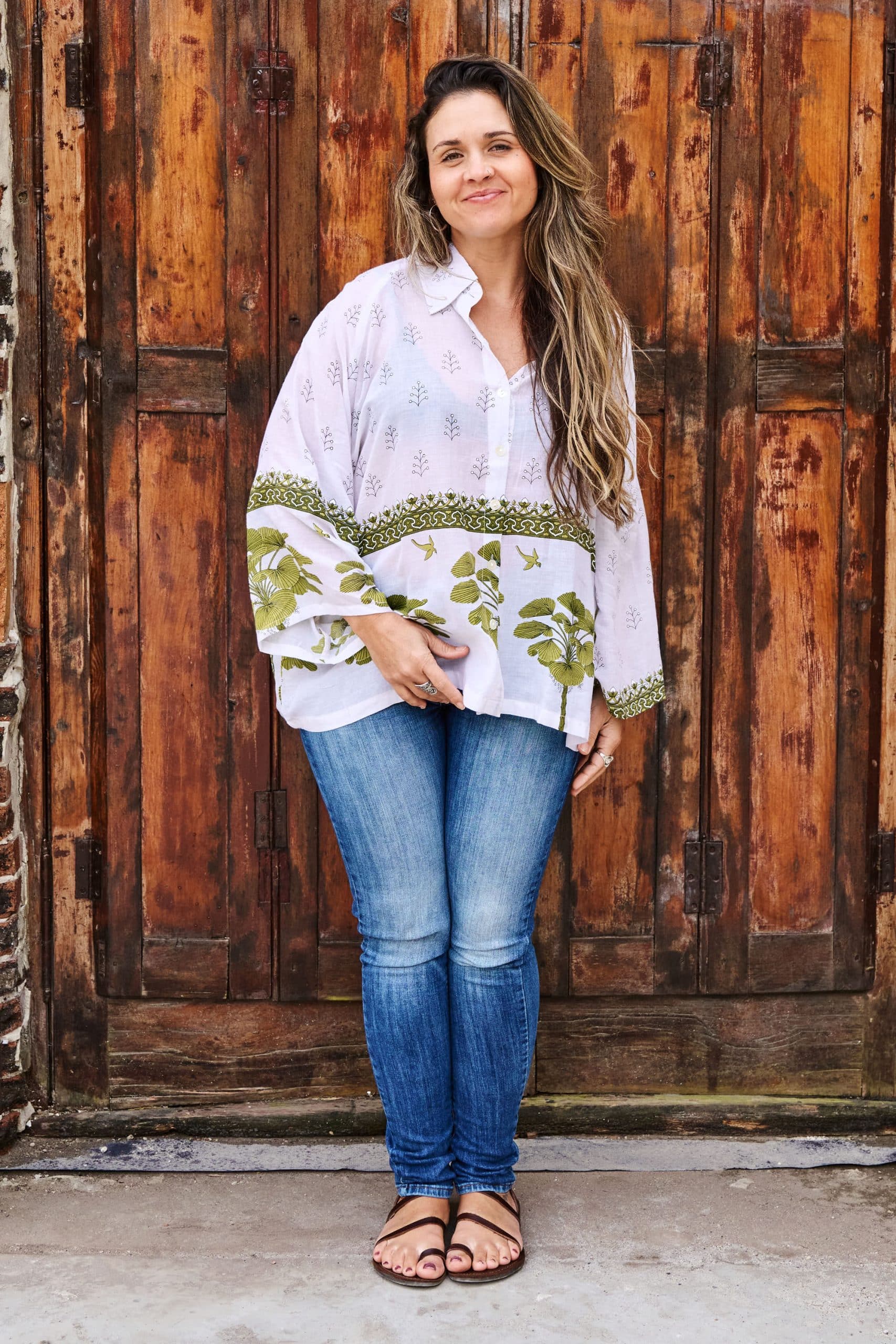 Womens, Vintage Sari Amira blouse, cotton, white and green - Jasmin