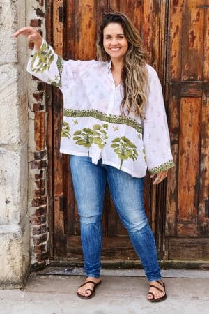 Womens, Vintage Sari Amira blouse, cotton, white and green - Jasmin