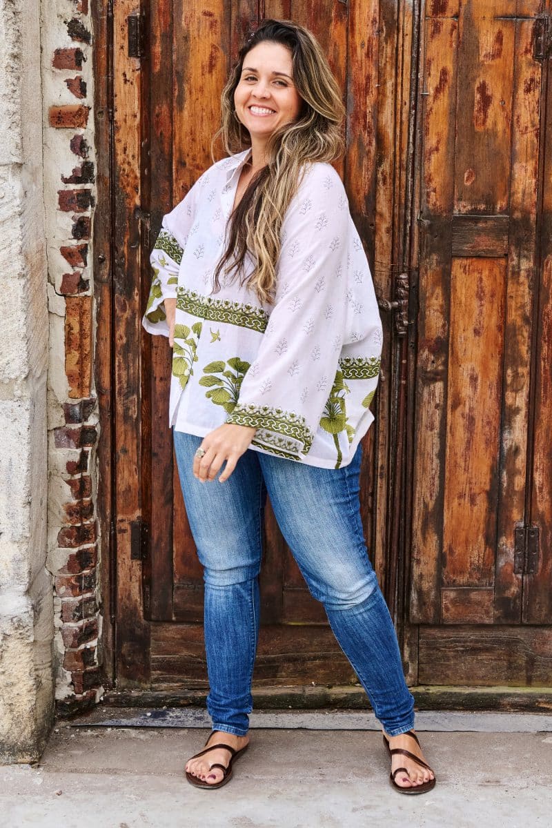 Womens, Vintage Sari Amira blouse, cotton, white and green - Jasmin