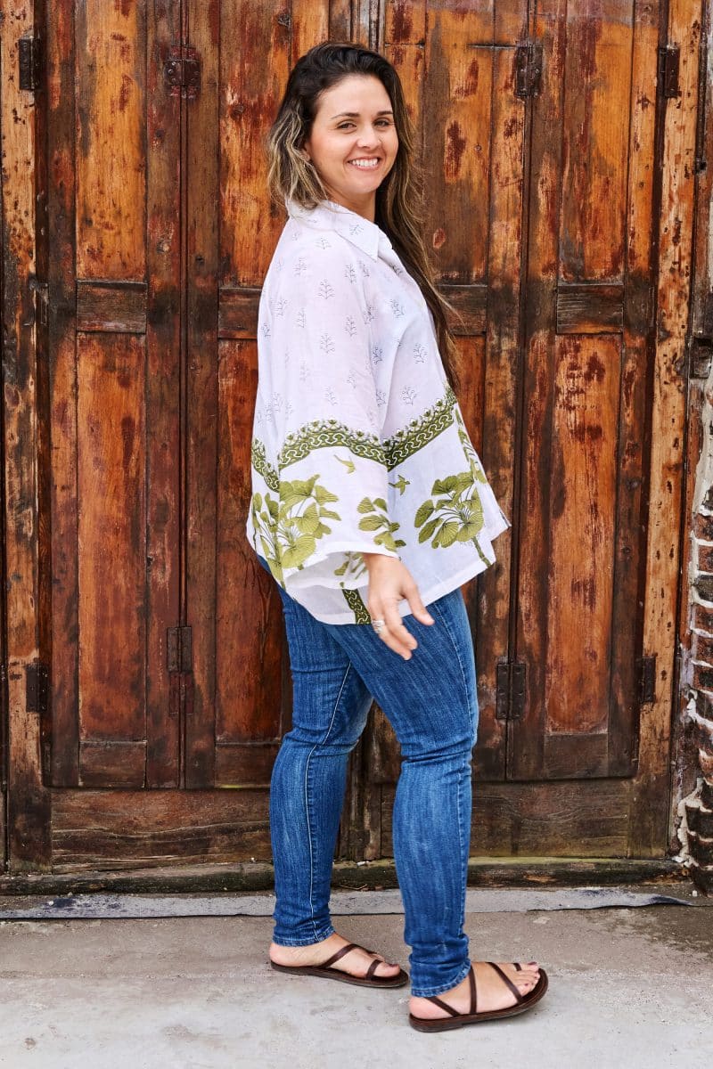 Womens, Vintage Sari Amira blouse, cotton, white and green - Jasmin