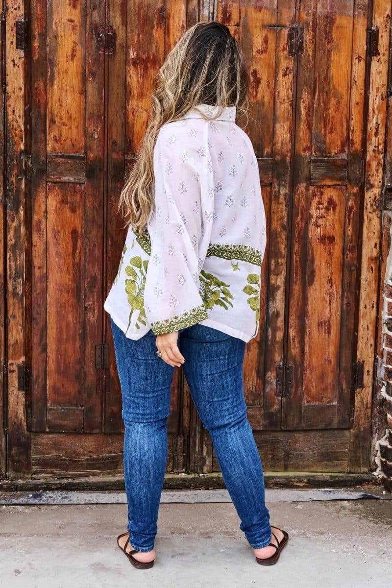 Womens, Vintage Sari Amira blouse, cotton, white and green - Jasmin