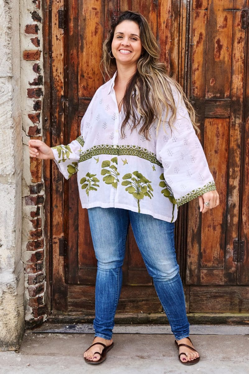 Womens, Vintage Sari Amira blouse, cotton, white and green - Jasmin