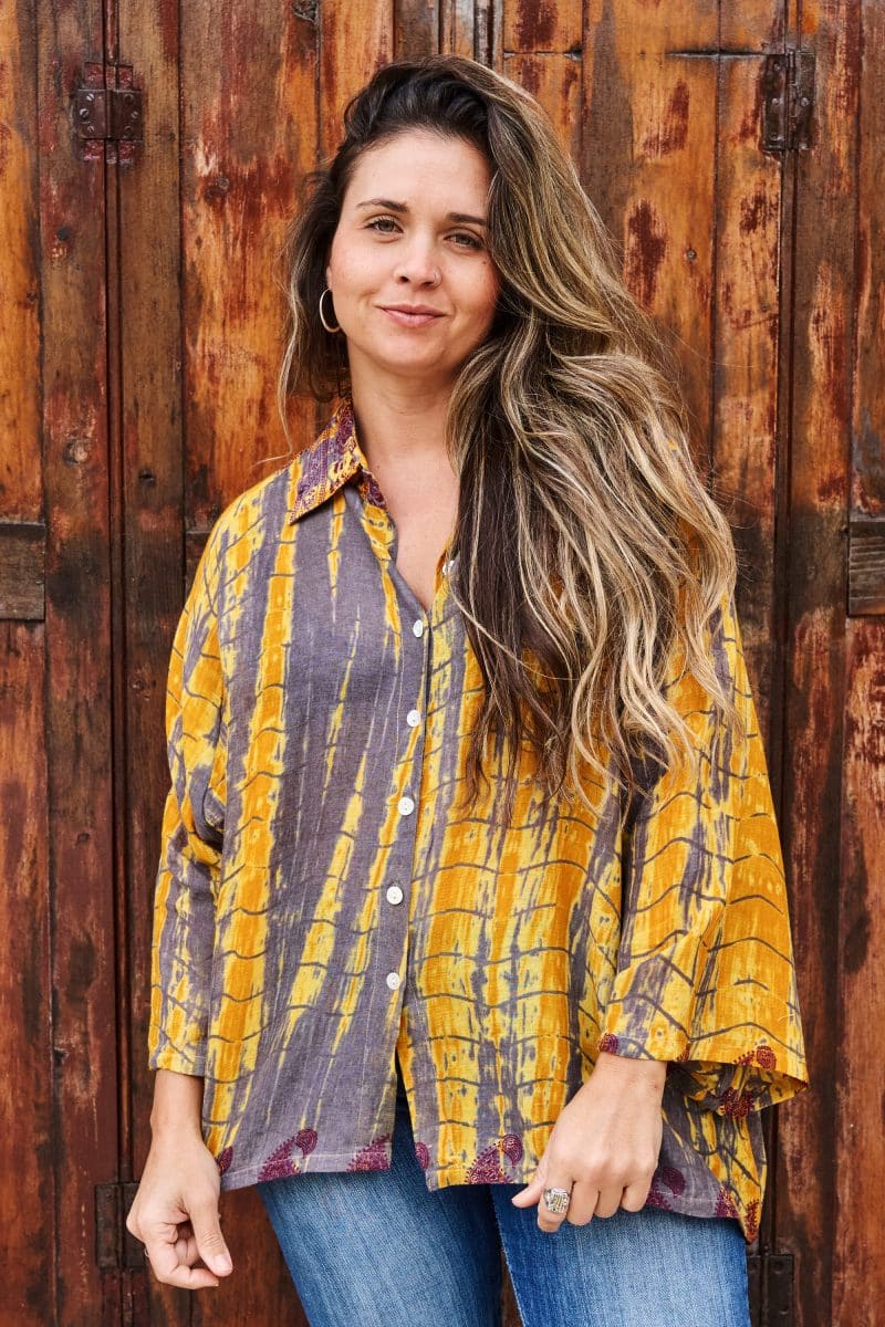 Womens, Vintage Sari Amira blouse, cotton, golden brown - Briana