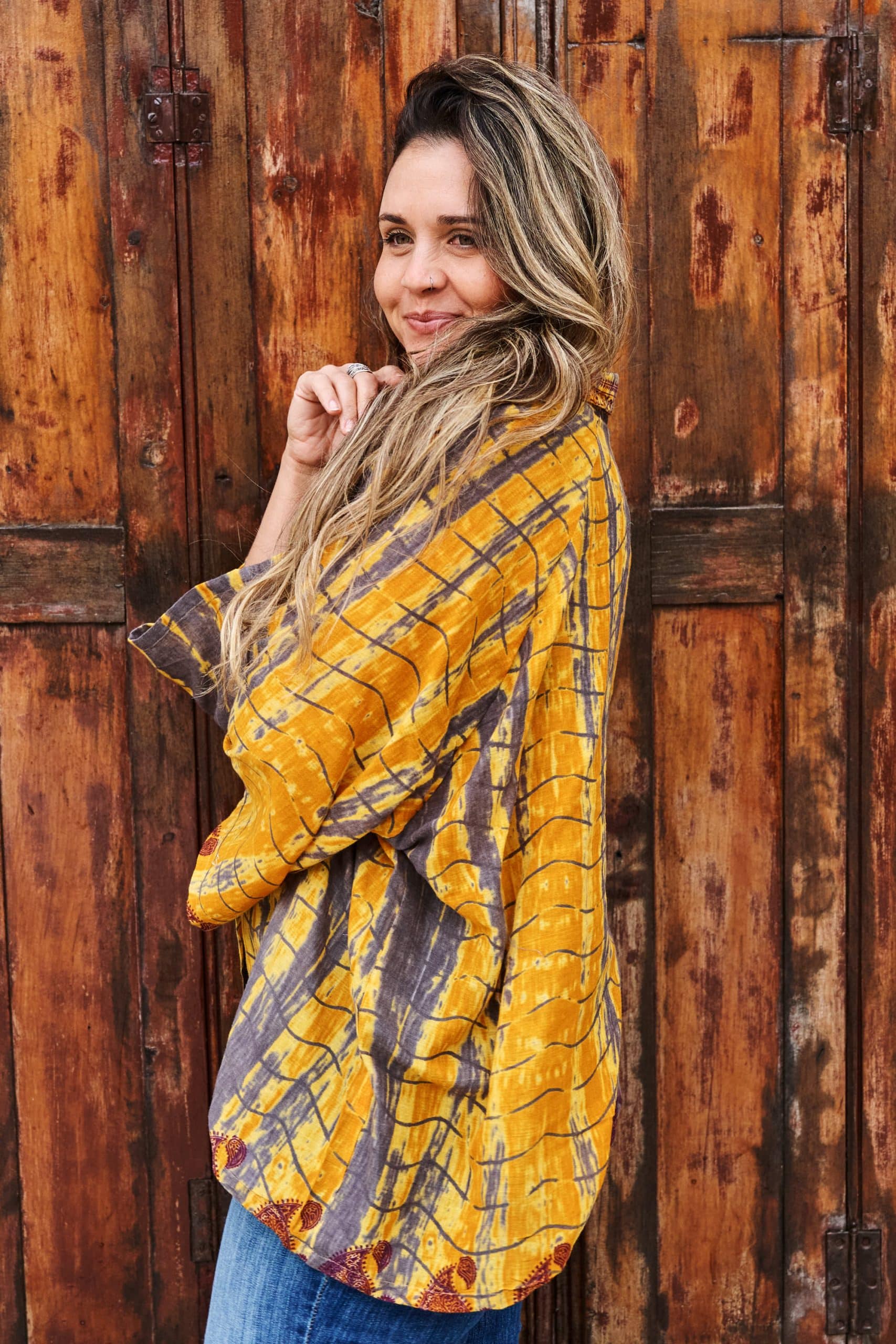 Womens, Vintage Sari Amira blouse, cotton, golden brown - Briana
