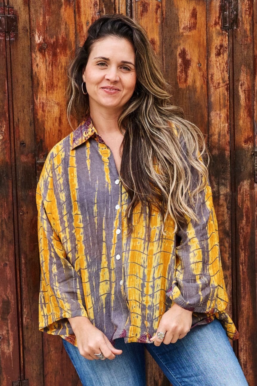 Womens, Vintage Sari Amira blouse, cotton, golden brown - Briana