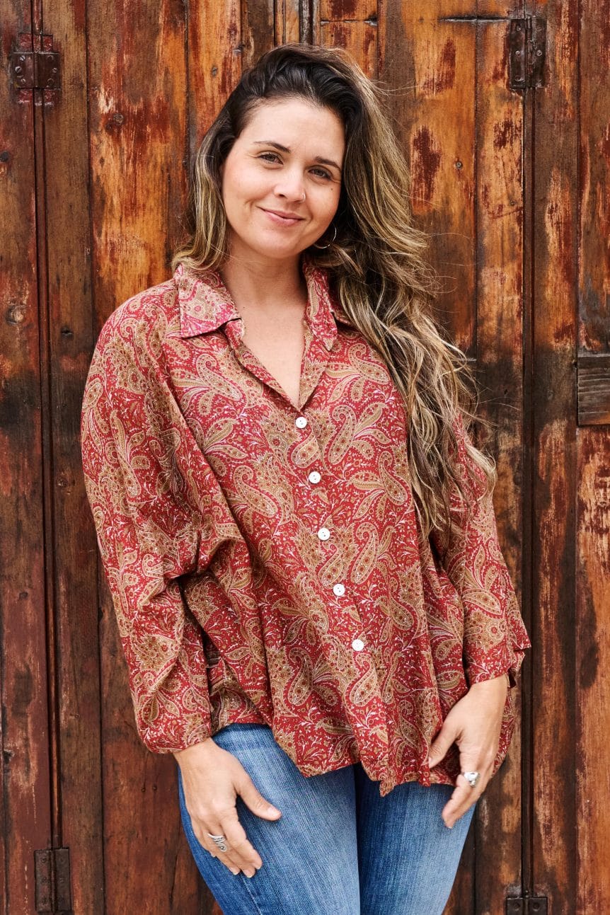 Womens, Vintage Sari Amira blouse, cotton, warm red tones, paisley - Dharma