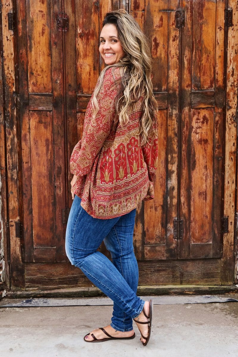 Womens, Vintage Sari Amira blouse, cotton, warm red tones, paisley - Dharma