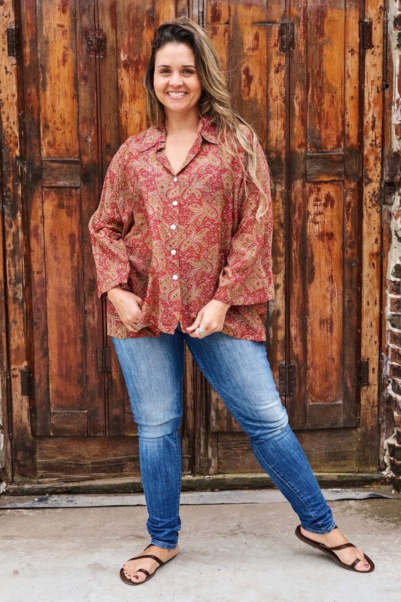 Womens, Vintage Sari Amira blouse, cotton, warm red tones, paisley - Dharma