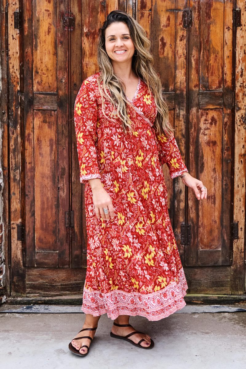 Womens, midi, Genevieve Dress, 7/8 sleeves, 100% Cotton, hand block print. Passionflower