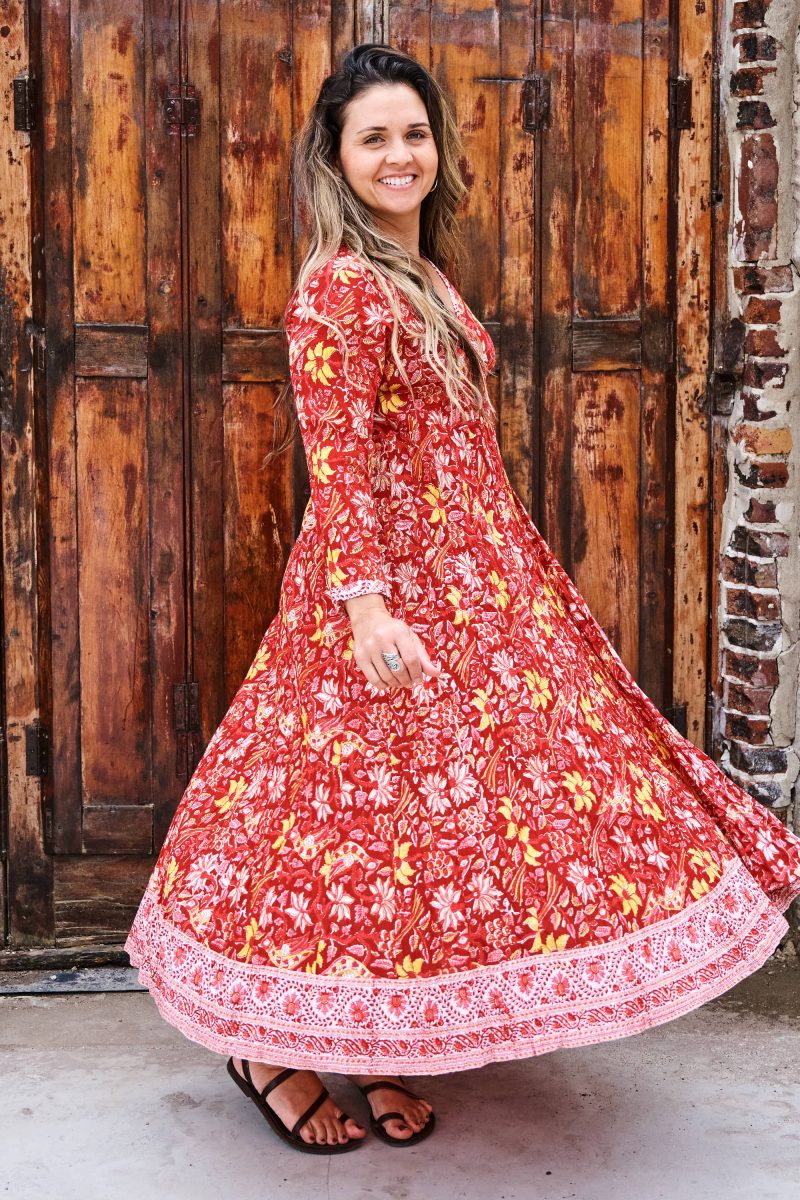 Womens, midi, Genevieve Dress, 7/8 sleeves, 100% Cotton, hand block print. Passionflower