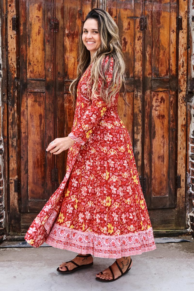 Womens, midi, Genevieve Dress, 7/8 sleeves, 100% Cotton, hand block print. Passionflower