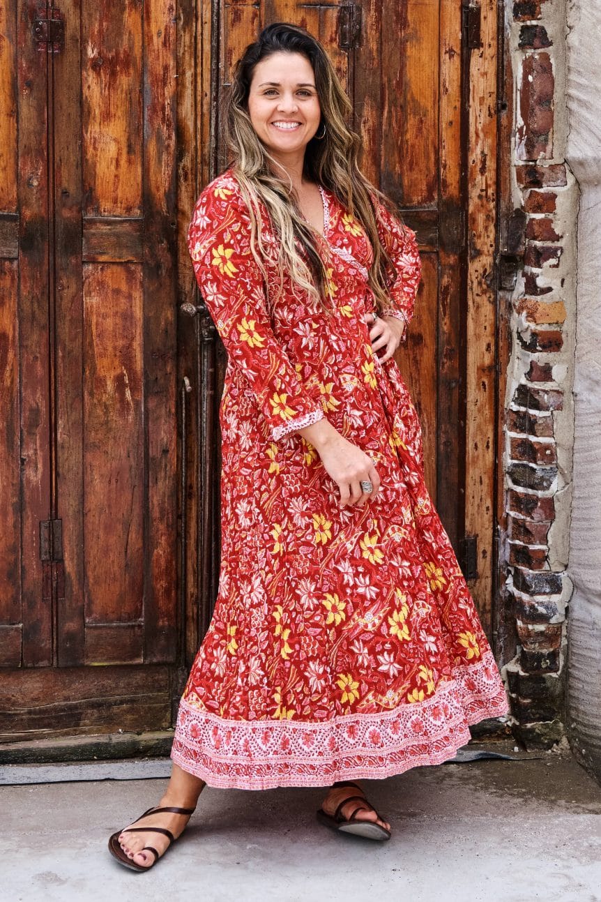 Womens, midi, Genevieve Dress, 7/8 sleeves, 100% Cotton, hand block print. Passionflower