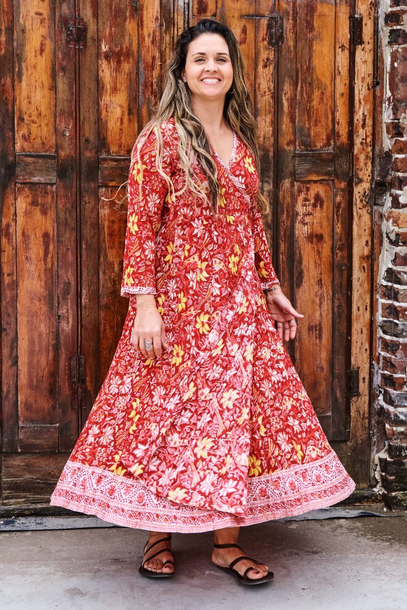 Womens, midi, Genevieve Dress, 7/8 sleeves, 100% Cotton, hand block print. Passionflower
