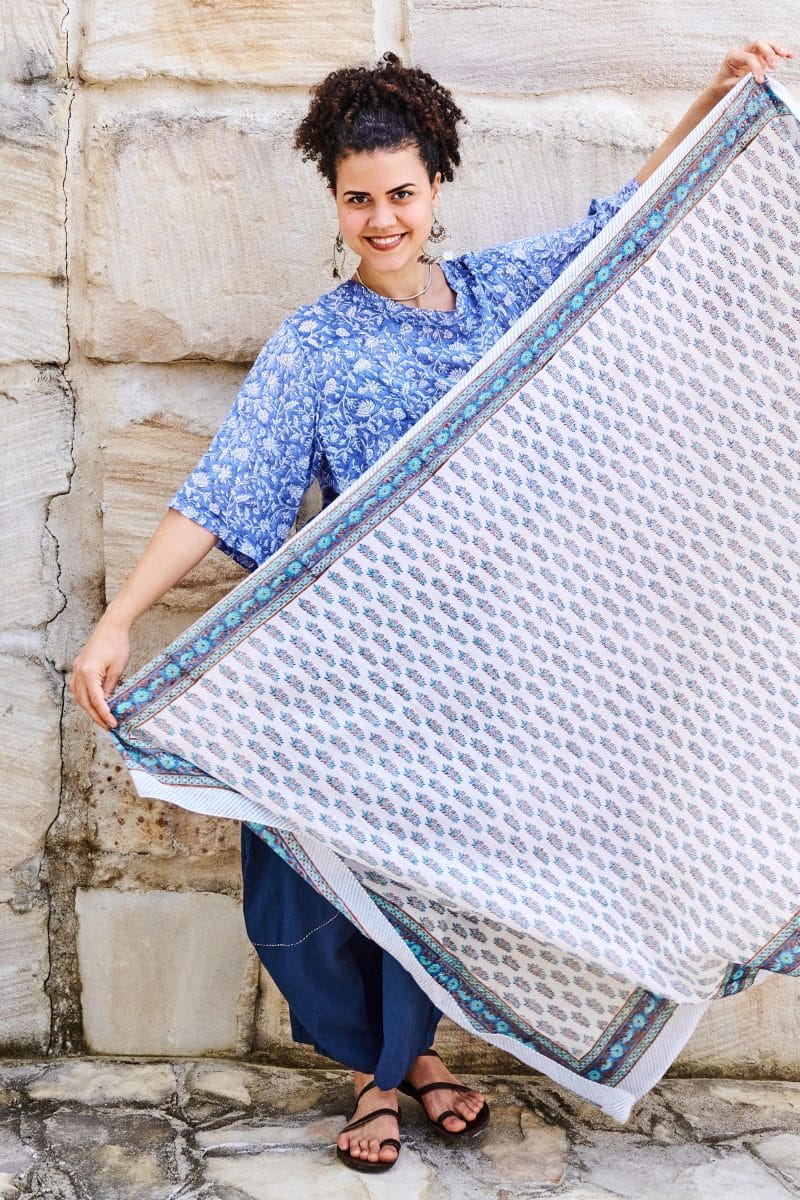 Sarong, 100% Cotton, hand block print. In soft delicate blue motifs. Azura.
