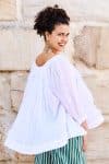 Womens, Dove blouse, 7/8 blouson sleeve, 100% cotton. Pure, Serene - White
